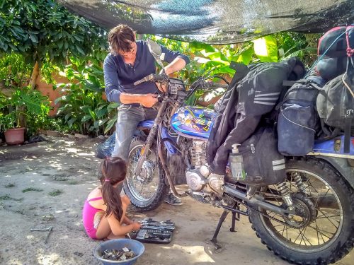 Franc and his daughter rescuing me and my small bike somewhere in Chile